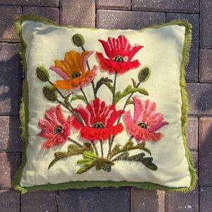 Vintage 60s Floral Embroidered Pillow Handmade